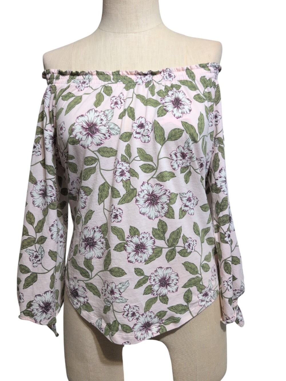 Lauren Ralph Lauren Pink Floral Top with Green Leaves Open Sleeve Casual Small